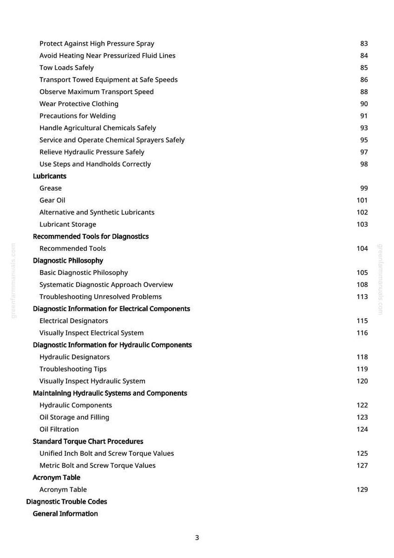 May include: A page from a manual with a table of contents. Topics include safety, lubricants, diagnostics, and hydraulic systems. The page numbers are listed on the right side of the page.