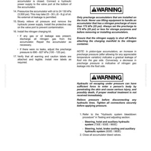 May include: A manual page detailing the "Piston accumulator charging procedure." It features warnings about hydraulic oil and nitrogen precharge, and instructions for testing and adjusting. The page includes the number 8 at the bottom.