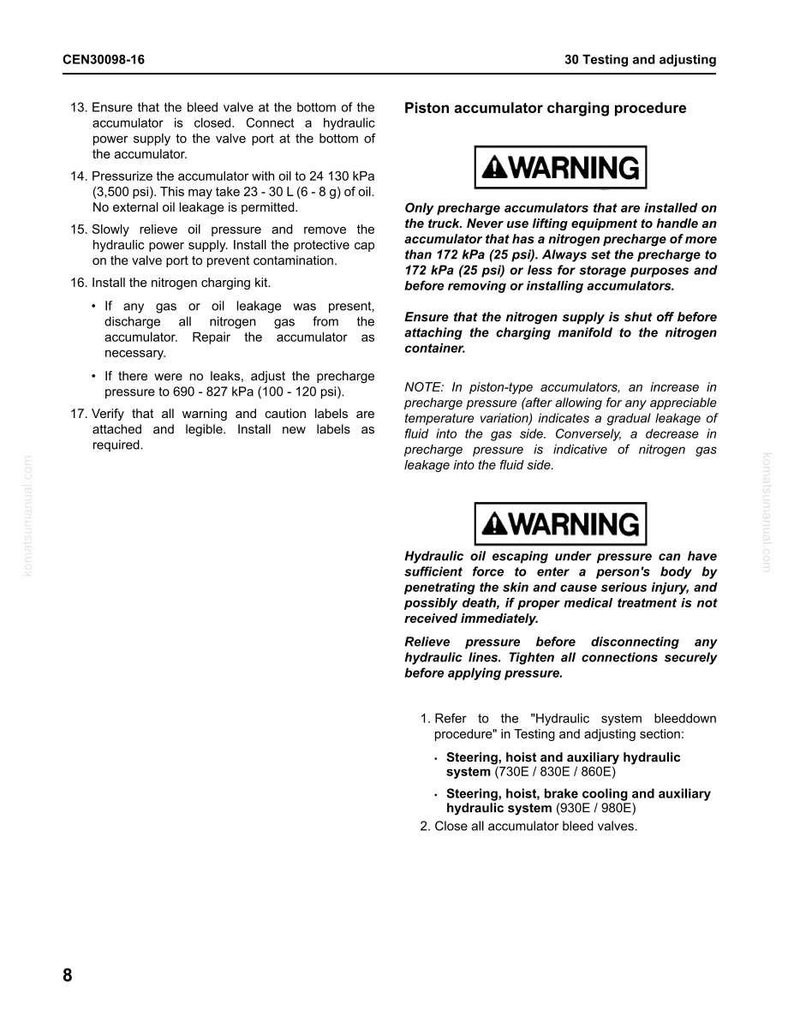 May include: A manual page detailing the "Piston accumulator charging procedure." It features warnings about hydraulic oil and nitrogen precharge, and instructions for testing and adjusting. The page includes the number 8 at the bottom.