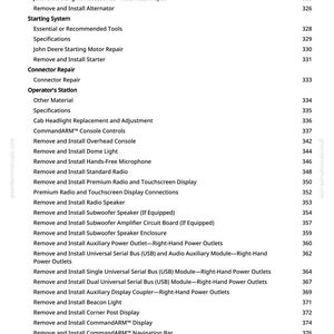 K&ouml;nnte beinhalten: Eine Seite aus einem Handbuch mit einer Liste von Reparatur- und Installationsverfahren f&uuml;r John Deere-Motoren. Der Text umfasst Themen wie "Ladesystem", "Startsystem" und "CommandARM Console Controls".