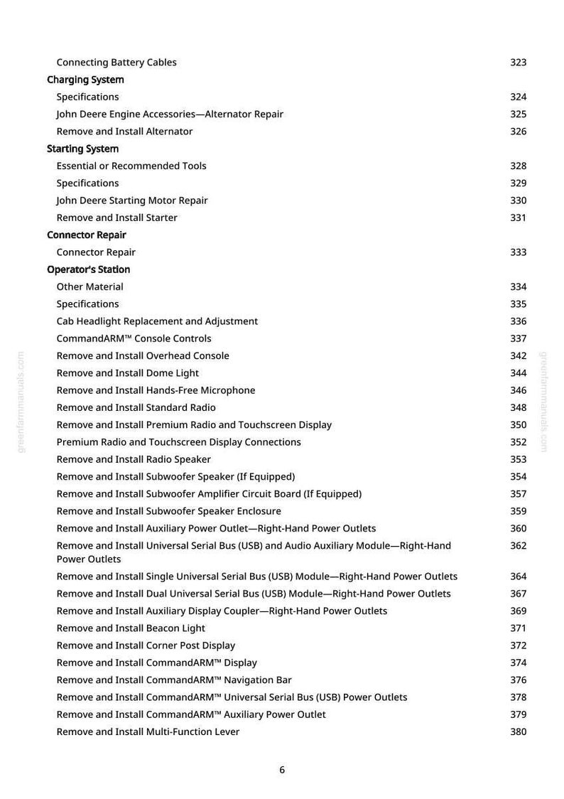 K&ouml;nnte beinhalten: Eine Seite aus einem Handbuch mit einer Liste von Reparatur- und Installationsverfahren f&uuml;r John Deere-Motoren. Der Text umfasst Themen wie "Ladesystem", "Startsystem" und "CommandARM Console Controls".