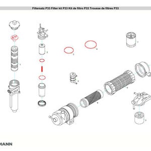 May include: An exploded diagram of a P33 filter kit, showing various components including filters, seals, and housings. The image is labeled with the text "Filtersatz P33 Filter kit P33 Kit de filtro P33 Trousse de filtres P33". The Weidemann logo is in the lower left corner.