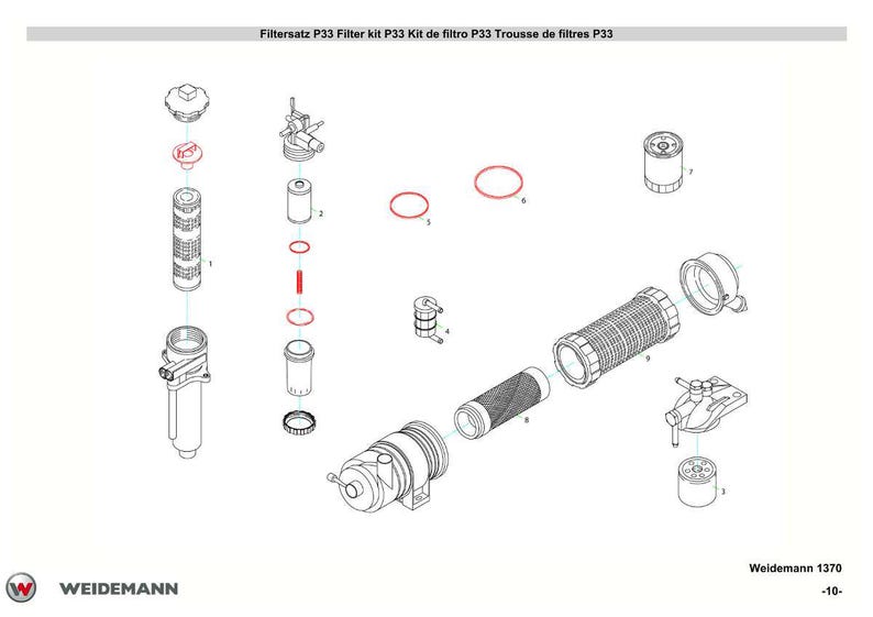 May include: An exploded diagram of a P33 filter kit, showing various components including filters, seals, and housings. The image is labeled with the text "Filtersatz P33 Filter kit P33 Kit de filtro P33 Trousse de filtres P33". The Weidemann logo is in the lower left corner.