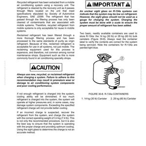 Puede incluir: Diagrama de contenedores de refrigerante R-134a, con texto sobre el reciclaje y la carga de sistemas de aire acondicionado. Incluye una advertencia sobre el uso del refrigerante correcto y una advertencia sobre el uso del visor.