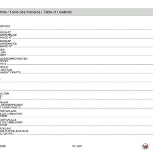 May include: A white document with the title "Table of Contents" in English, French, and German. The document lists various service and engine components, including air filters, wear parts, and fuel systems. The page number is 10/420.