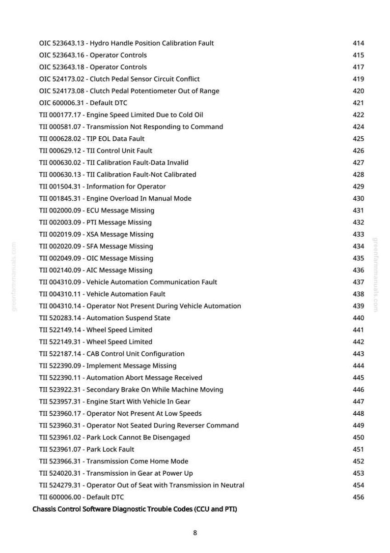 May include: A white page with a list of Chassis Control Software Diagnostic Trouble Codes (CCU and PTI). The text includes fault descriptions and corresponding numbers, such as "Hydro Handle Position Calibration Fault". The page is from greenfarmmanuals.com.