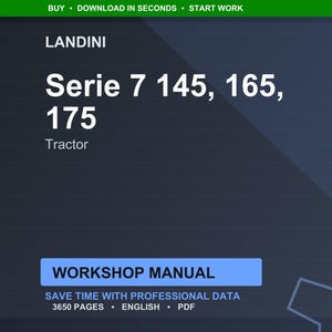 Op de afbeelding: Donkerblauwe afbeelding met de tekst "LANDINI Serie 7 145, 165, 175 Tractor". Daaronder een blauwe rechthoek met de woorden "WORKSHOP MANUAL". De afbeelding bevat ook de tekst "SAVE TIME WITH PROFESSIONAL DATA 3650 PAGES ENGLISH PDF".