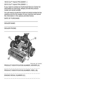 May include: Product identification document for a Walk Greens Mower. Includes record identification numbers, spaces for purchase date, dealer name, and phone. A diagram of the mower is included with labels. Text on the document reads "Product Identification".