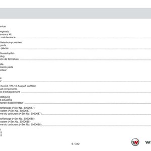 May include: A white and gray table of contents page from a Weidemann manual. The page lists service, engine components, and fuel system details. The page number is 9/342.