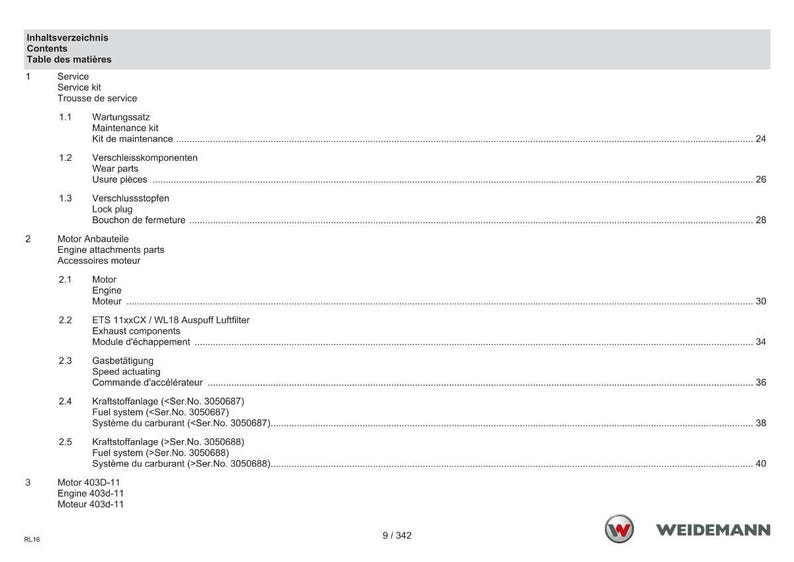 May include: A white and gray table of contents page from a Weidemann manual. The page lists service, engine components, and fuel system details. The page number is 9/342.