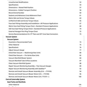 May include: A detailed table of contents from a manual, listing topics such as gear oil, vacuum systems, and central commodity systems. The page numbers are listed on the right side. The text is in black font on a white background.