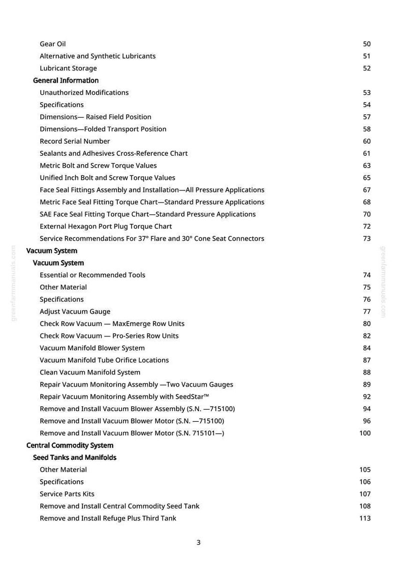 May include: A detailed table of contents from a manual, listing topics such as gear oil, vacuum systems, and central commodity systems. The page numbers are listed on the right side. The text is in black font on a white background.