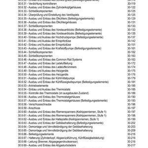 May include: A detailed table of contents in German, listing various automotive repair procedures with corresponding page numbers. The document includes sections on engine components, fuel systems, and other mechanical procedures.