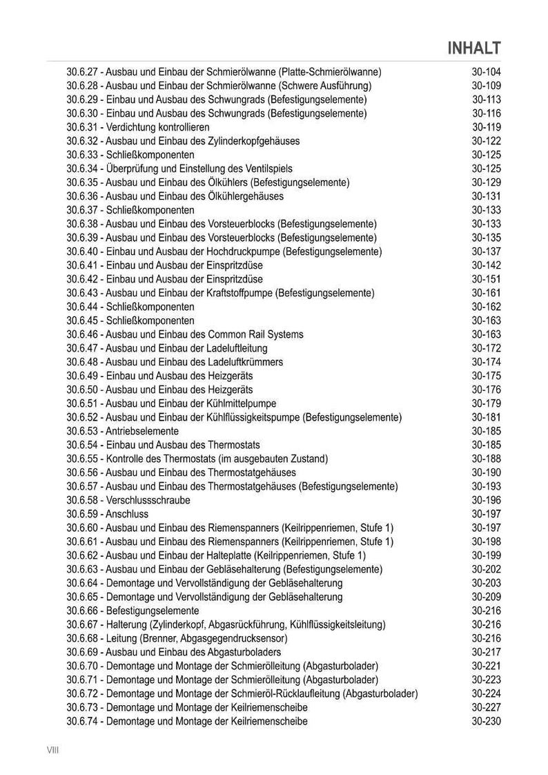 May include: A detailed table of contents in German, listing various automotive repair procedures with corresponding page numbers. The document includes sections on engine components, fuel systems, and other mechanical procedures.