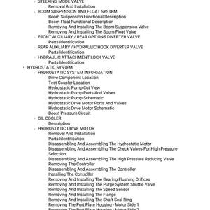 May include: A detailed list of mechanical procedures, including valve removal, brake descriptions, and hydrostatic system information. The text is organized with bullet points and headings, providing a comprehensive guide to various mechanical processes.