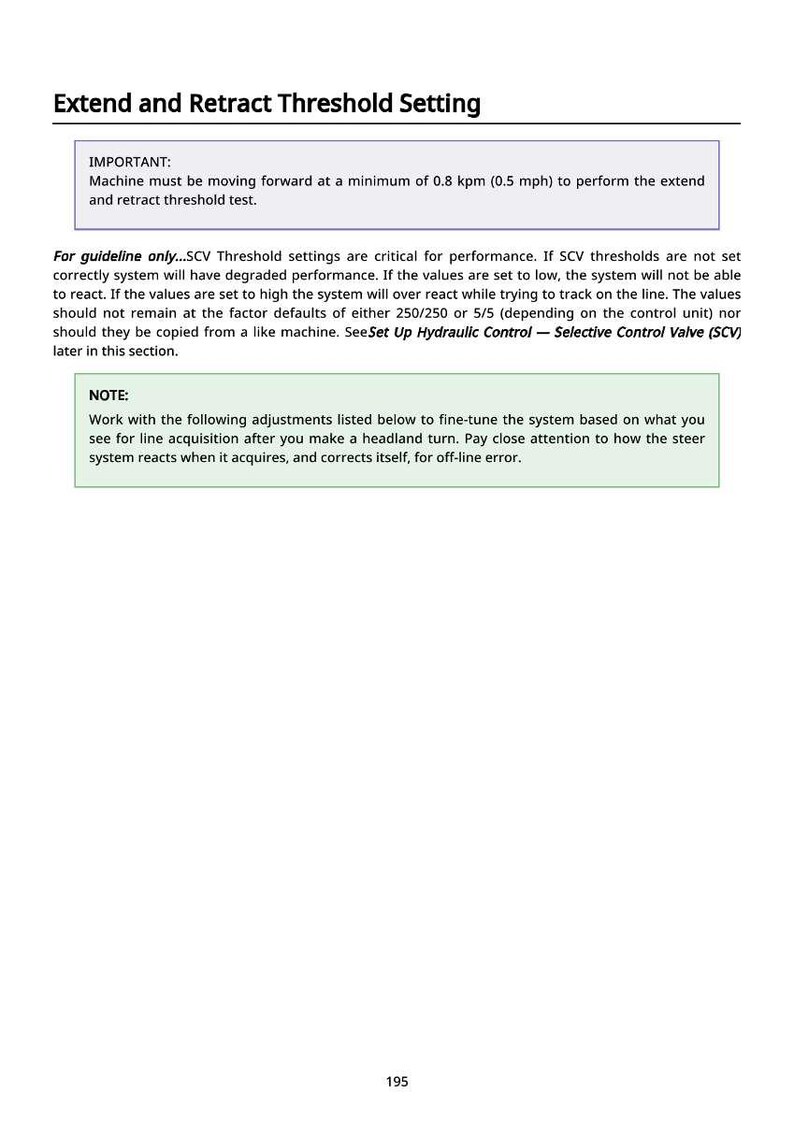 May include: A page from a manual titled "Extend and Retract Threshold Setting." The text includes instructions for machine operation, emphasizing speed and threshold settings. It also provides notes on fine-tuning the system.