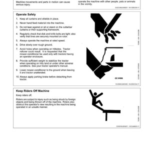 May include: A safety manual page with black and white illustrations and text. The page includes warnings about operating machinery safely, maintaining a safety area, and keeping riders off the machine. The text is in English.