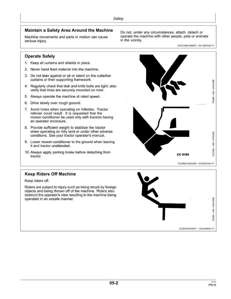 May include: A safety manual page with black and white illustrations and text. The page includes warnings about operating machinery safely, maintaining a safety area, and keeping riders off the machine. The text is in English.