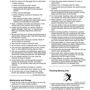 May include: A page from a lawnmower safety manual, detailing safety precautions. The text provides guidance on fuel handling, blade operation, and maintenance. The page is white with black text and includes a section on checking the mowing area.