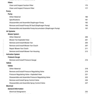 May include: A detailed table of contents from a manual, with sections on tank repair, filters, pumps, air systems, and electrical components. The page numbers are listed on the right side.
