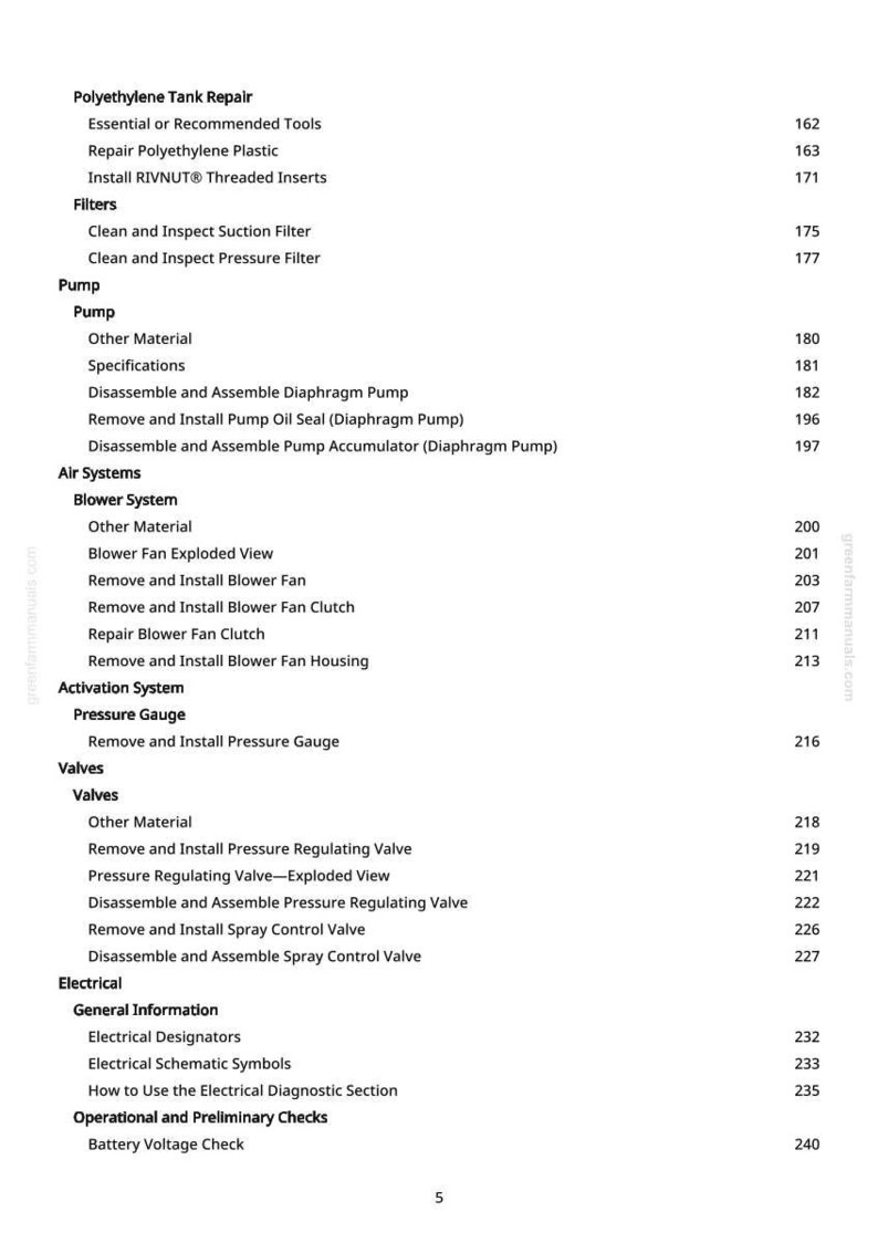 May include: A detailed table of contents from a manual, with sections on tank repair, filters, pumps, air systems, and electrical components. The page numbers are listed on the right side.