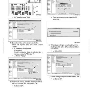 May include: A technical diagram from a manual, showing steps for engine testing and adjustment. The image includes screenshots of a data processing screen, with instructions to select 'Apply' and 'OK' at various stages. The text includes 'New Barcode' and 'Engine and cooling system'.