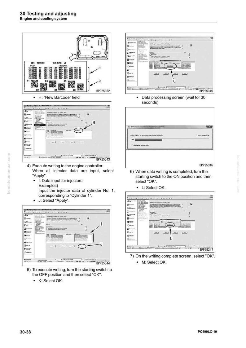 May include: A technical diagram from a manual, showing steps for engine testing and adjustment. The image includes screenshots of a data processing screen, with instructions to select 'Apply' and 'OK' at various stages. The text includes 'New Barcode' and 'Engine and cooling system'.