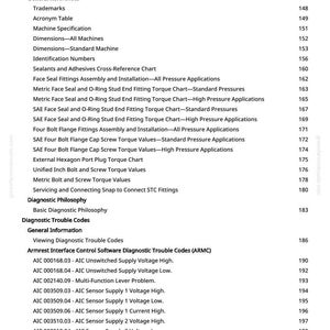 K&ouml;nnte beinhalten: Eine wei&szlig;e Seite mit einem detaillierten Inhaltsverzeichnis aus einem technischen Handbuch. Das Dokument behandelt Themen wie Sicherheit, Maschinenspezifikationen und Diagnosefehlercodes, mit Seitenzahlen.