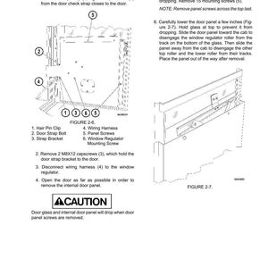 May include: Diagram of a truck door glass replacement procedure. The image includes detailed illustrations of parts like hair pin clips, bolts, and wiring harnesses, along with step-by-step instructions and a caution notice.