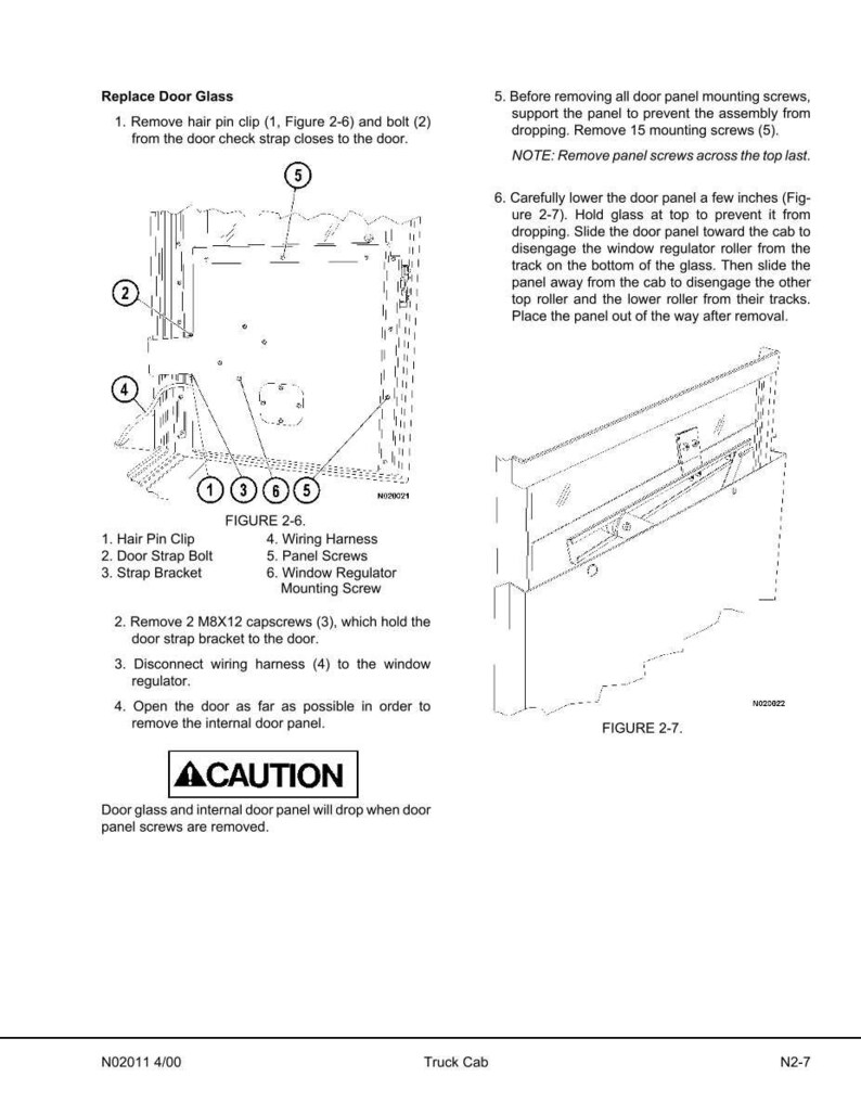 May include: Diagram of a truck door glass replacement procedure. The image includes detailed illustrations of parts like hair pin clips, bolts, and wiring harnesses, along with step-by-step instructions and a caution notice.