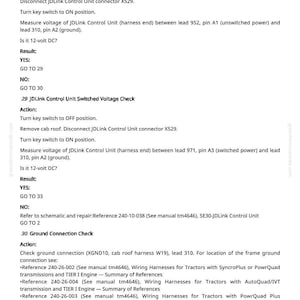 May include: A white page with black text detailing diagnostic steps for a JDLink Control Unit. Instructions include checking voltage and ground connections, with references to wiring harnesses and manuals. The page has a greenfarnmanuals.com watermark.