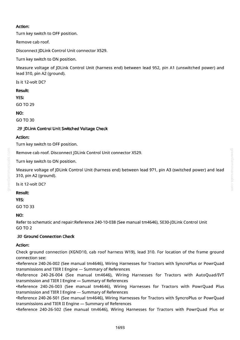 May include: A white page with black text detailing diagnostic steps for a JDLink Control Unit. Instructions include checking voltage and ground connections, with references to wiring harnesses and manuals. The page has a greenfarnmanuals.com watermark.