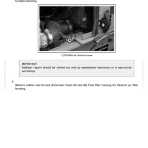 May include: Image from a manual illustrating radiator removal. A close-up shows a hose connected to a metal part, secured by a clamp. The text identifies this as the radiator hose.