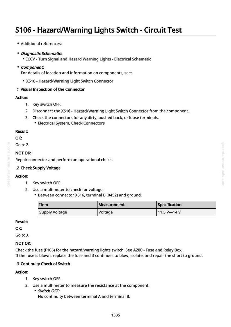 May include: A page from a manual titled "S106 - Hazard/Warning Lights Switch - Circuit Test." It includes diagnostic schematics, connector inspection instructions, and voltage specifications, ranging from 11.5V to 14V.