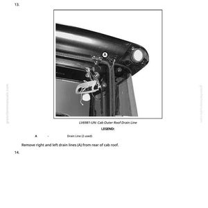 May include: Diagram of a tractor cab roof section, showing air conditioning lines and drain lines. The image includes text instructions for disconnecting and removing lines, with labels and a legend. The text includes the model number LV6981-UN.