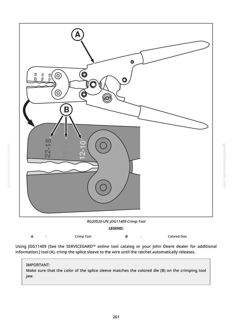 May include: Diagram of a crimp tool, labeled A, with a detailed view of the crimping jaws, labeled B. The tool is designed for crimping splice sleeves to wires, with size indicators 22-18, 16-14, and 12-10. The text reads "RG20520-UN: JDG11409 Crimp Tool."
