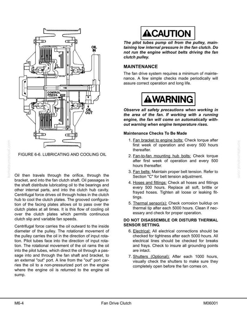 May include: Diagram of a fan drive clutch with labels for oil flow and maintenance instructions. Includes warnings about safety and maintenance checks for bolts, belts, hoses, and electrical connections. Text includes "Caution" and "Warning" notices.