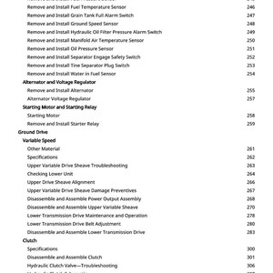 May include: A white-backgrounded page with a table of contents. The text lists various mechanical procedures, including sensor installation, alternator maintenance, and clutch assembly. Page numbers are listed on the right.