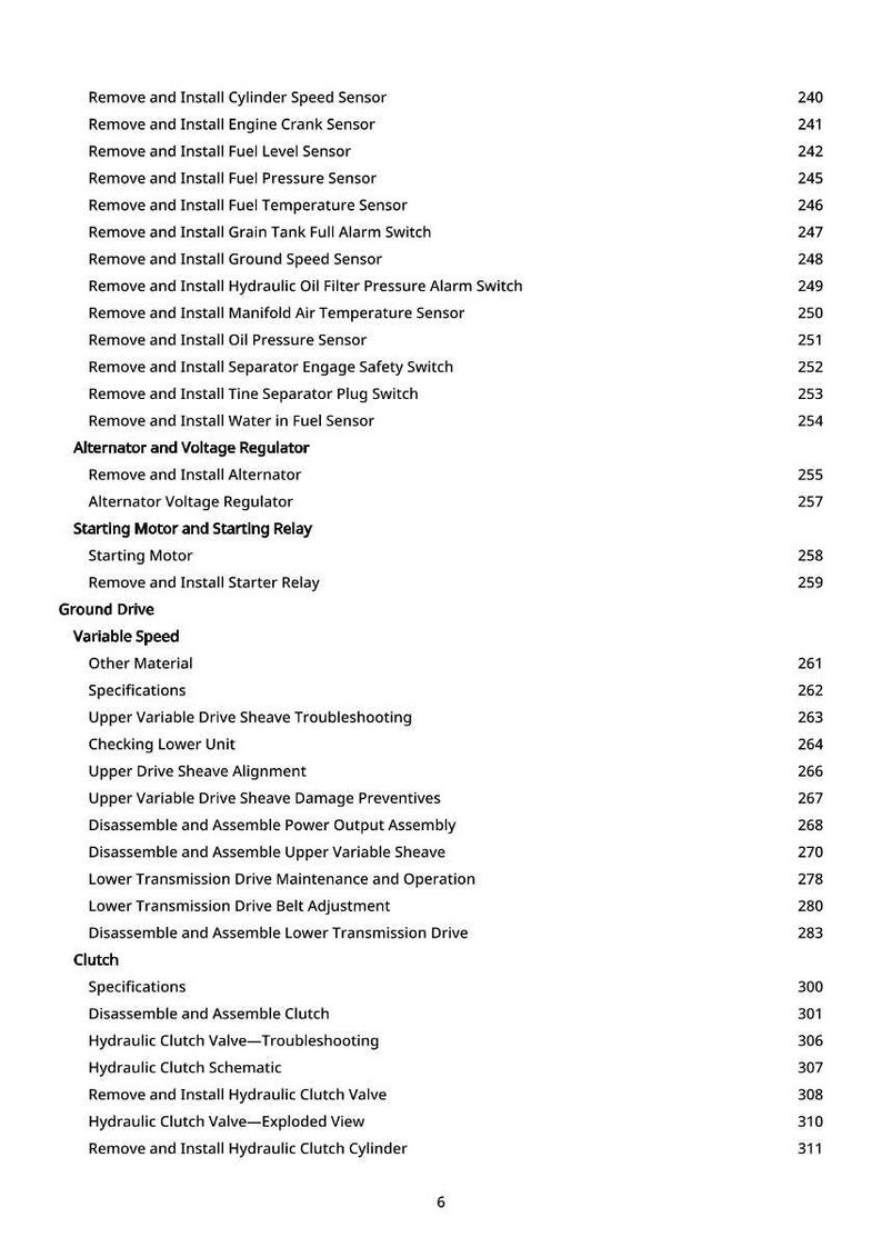 May include: A white-backgrounded page with a table of contents. The text lists various mechanical procedures, including sensor installation, alternator maintenance, and clutch assembly. Page numbers are listed on the right.