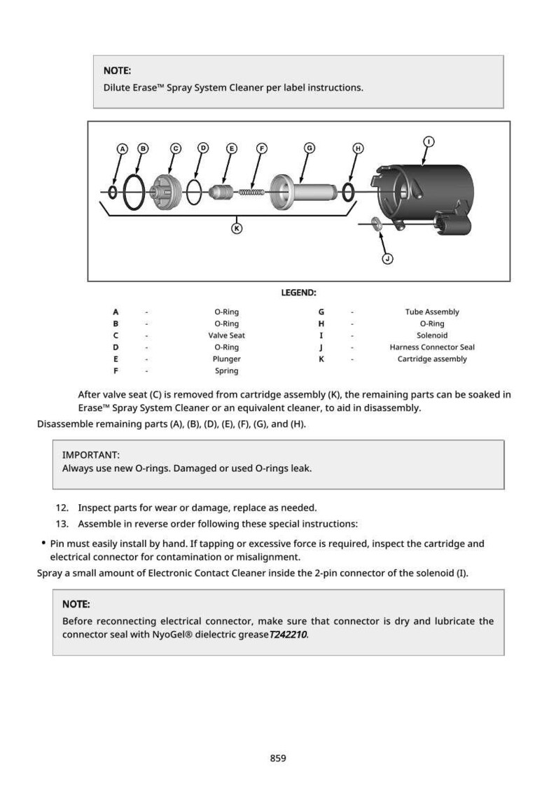 May include: Diagram of a spray system with labeled parts, including O-rings, a valve seat, and a tube assembly. Instructions detail disassembly, cleaning, and reassembly steps. Text includes warnings about using new O-rings and reconnecting the electrical connector.