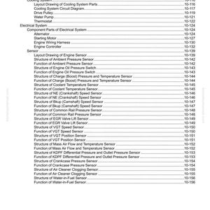 May include: A detailed contents page from a manual, titled "10 Structure and Function." The document lists various engine components, sensors, and system diagrams, including cooling, electrical, and sensor systems.