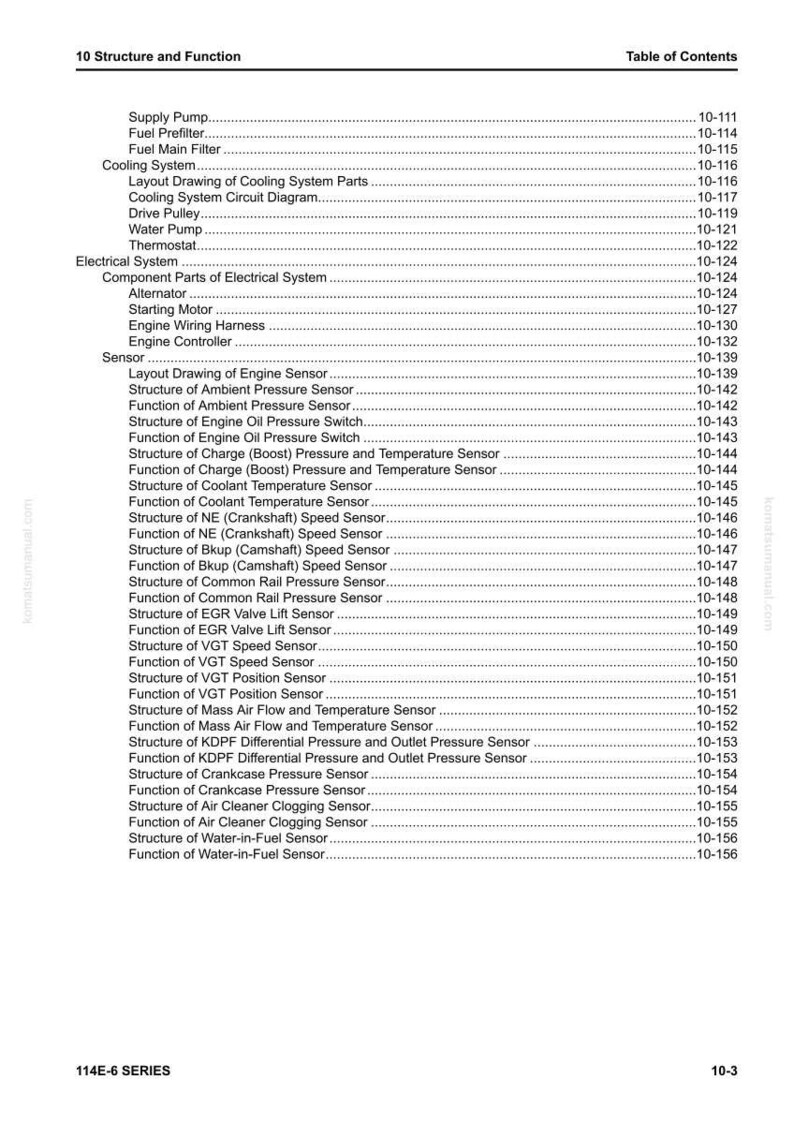 May include: A detailed contents page from a manual, titled "10 Structure and Function." The document lists various engine components, sensors, and system diagrams, including cooling, electrical, and sensor systems.