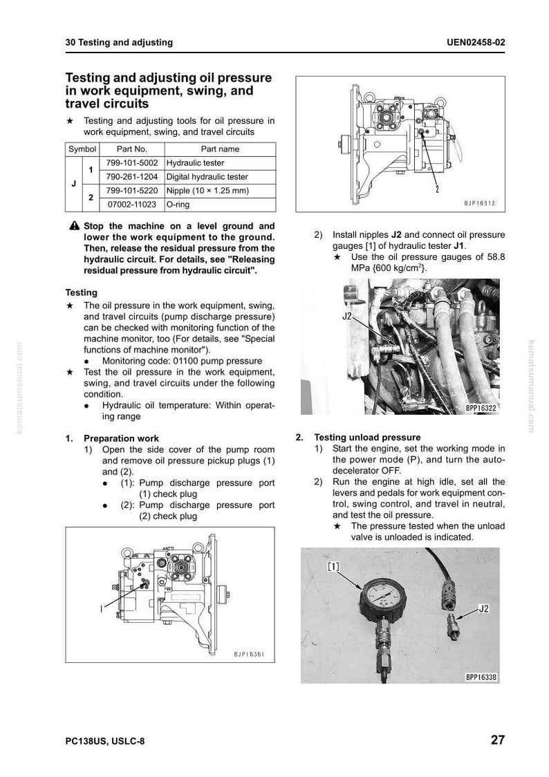 May include: Page from a manual detailing procedures for testing and adjusting oil pressure in work equipment, swing, and travel circuits. Includes diagrams of hydraulic components, along with instructions and part numbers for testing tools.