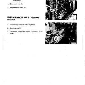 Op de afbeelding: Een pagina uit een handleiding met instructies voor het verwijderen en installeren van een startmotor. De tekst bevat instructies en diagrammen, met de titel "Verwijdering van startmotor" bovenaan.