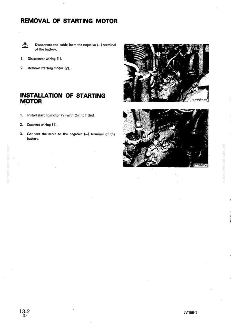Op de afbeelding: Een pagina uit een handleiding met instructies voor het verwijderen en installeren van een startmotor. De tekst bevat instructies en diagrammen, met de titel "Verwijdering van startmotor" bovenaan.