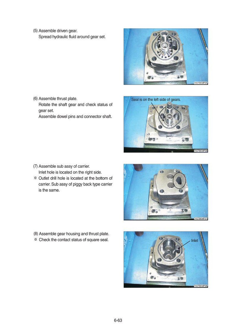 May include: Diagram of mechanical components, including gears and plates, with labels indicating assembly steps. The images show detailed views of the parts, with annotations pointing out specific features like the inlet and seal locations.