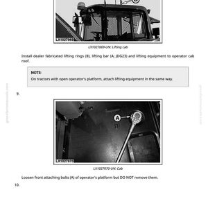 K&ouml;nnte beinhalten: Diagramme aus einem Handbuch, das die Installation von Hebevorrichtungen an einer Traktorkabine zeigt. Die Bilder zeigen Heberinge, eine Hebestange und Schrauben. Der Text enth&auml;lt "LX1027069-UN: Lifting cab" und "LX1027070-UN: Cab".