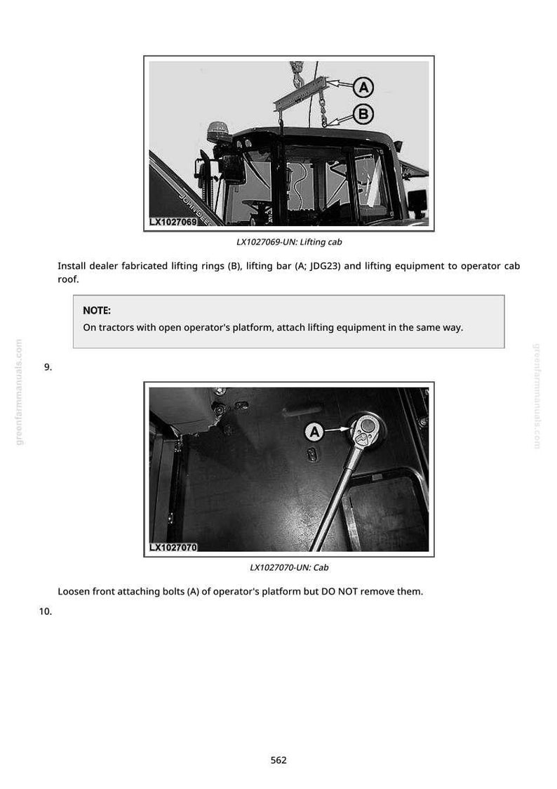 K&ouml;nnte beinhalten: Diagramme aus einem Handbuch, das die Installation von Hebevorrichtungen an einer Traktorkabine zeigt. Die Bilder zeigen Heberinge, eine Hebestange und Schrauben. Der Text enth&auml;lt "LX1027069-UN: Lifting cab" und "LX1027070-UN: Cab".