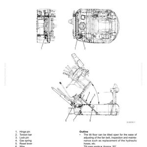 May include: Diagram of a tilt floor assembly with labeled parts including hinge pin, torsion bar, and lock pin. The text indicates the floor can tilt open for maintenance and inspection. Tilt angle is approximately 50 degrees.