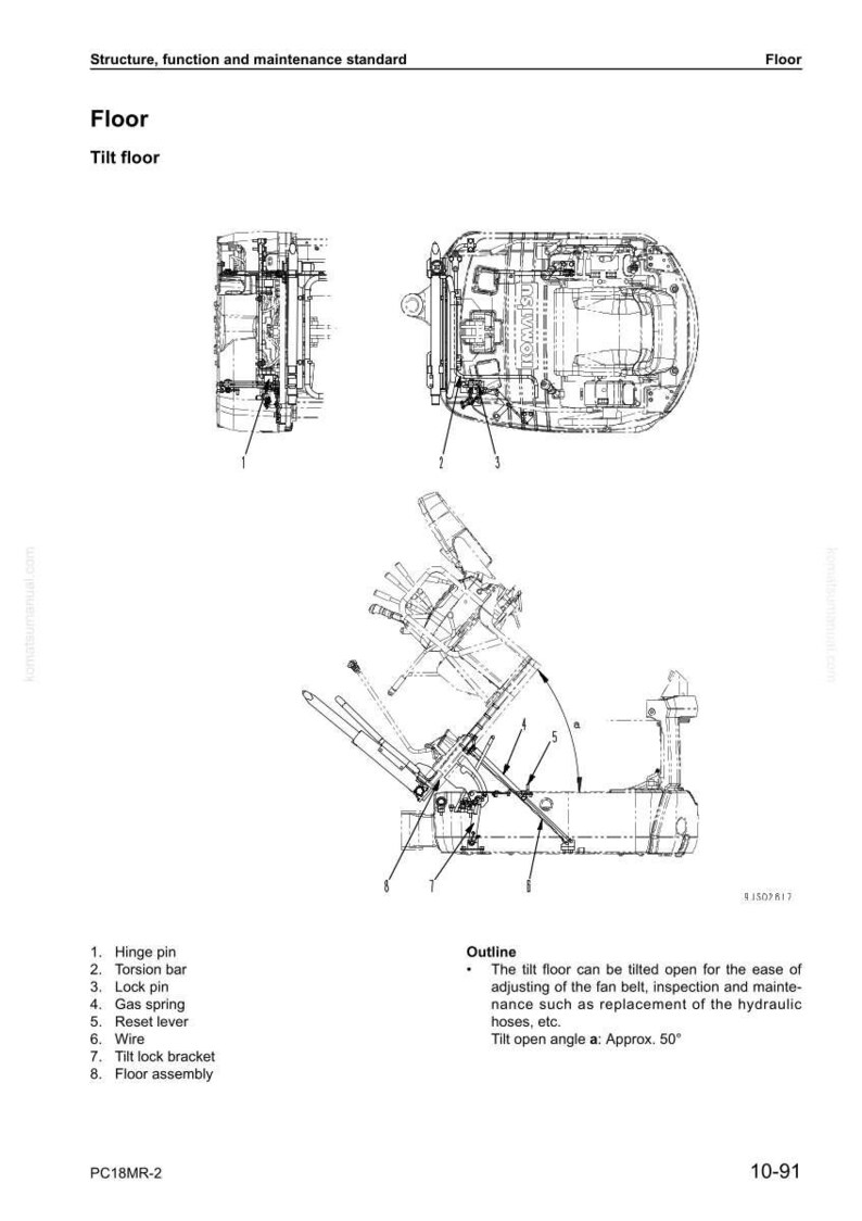 May include: Diagram of a tilt floor assembly with labeled parts including hinge pin, torsion bar, and lock pin. The text indicates the floor can tilt open for maintenance and inspection. Tilt angle is approximately 50 degrees.